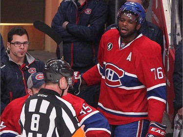 Montreal Canadiens' P.K. Subban tries to make sense of his game misconduct penalty with referee Dave Jackson durinaction in Montreal on Wednesday, April 15, 2015.