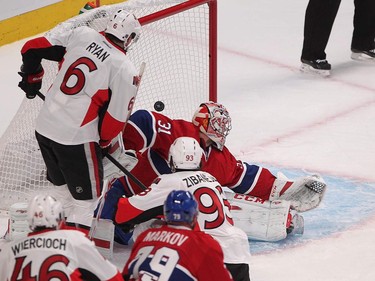 Mika Zibanejad, 93, of the Ottawa Senators scores during second-period action in Montreal on Wednesday, April 15, 2015.