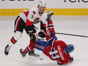 Ottawa Senators' Marc Methot brings down Montreal Canadiens' Brendan Gallagher during first-period action in Montreal on Wednesday, April 15, 2015.