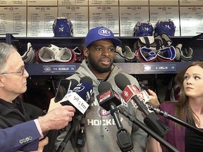 Canadiens defenceman P.K. Subban answers questions from the media after practice at the Bell Sports Complex in Brossard on April 16, 2015, regarding his slash of the Ottawa Senators' Mark Stone in Game 1 of the Eastern Conference quarterfinal series that resulted in a major penalty and a game misconduct.