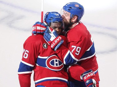 Montreal Canadiens' P.K. Subban, left, celebrates his goal with Andrei Markov during second period action in Montreal on Friday April 17, 2015. The Montreal Canadiens meet the Ottawa Senators in the first round of the NHL playoffs. (Pierre Obendrauf / MONTREAL GAZETTE)