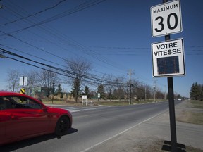 A new digital speed indicator that flashes the speed of the vehicle as a warning to the driver that he/she is travelling faster than the permitted speed limit on the Corner of Cardinal Leger Blvd and Boise du Parc in Pincourt on Sunday, April 19, 2015.