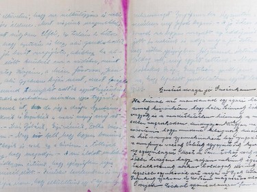 A 1940s letter showing the handwriting of Mancika Weinberger (left) and that of her husband, Gusztáv. Mancika and their daughter Évika died at the Auschwitz concentration camp. Gusztáv, who survived, went on to become the father of Montrealer Elaine Kalman Naves. (Courtesy of Elaine Kalman Naves )