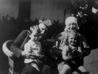 A 1940s photograph showing Évike Weinberger (child left) and her cousin Marika Weinberger (child right) with their grandparents Ilona and Kalman Weinberger. (Courtesy of Elaine Kalman Naves)