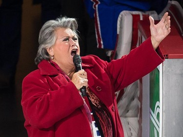 MONTREAL, QUE.: APRIL 24, 2015 -- Ginette Reno sings the Canadian national anthem before the start of the first period of game five of the NHL Eastern Conference quarter-final match between the Montreal Canadiens and Ottawa Senators at the Bell Centre in Montreal on Friday, April 24, 2015. (Dario Ayala / Montreal Gazette)