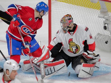Ottawa Senators goalie Craig Anderson makes a save against the Canadiens' Alex Galchenyuk during Game 5 of Eastern Conference quarter-final series at the Bell Centre on April 24, 2015.