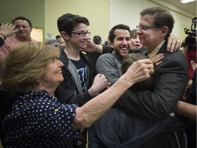 Robert Libman right, is congratulated by family an friends at the Centre communautaire juif Ben Weider after he was chosen to be the candidate to run for the conservative party in the federal riding of Mont Royal in Montreal, on Sunday, April 26, 2015.