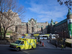 The first ambulance leaves the Royal Victoria Hospital toward the MUHC Glen site on Sunday. It was an emotional day for staff and patients leaving the Royal Vic for the final time.