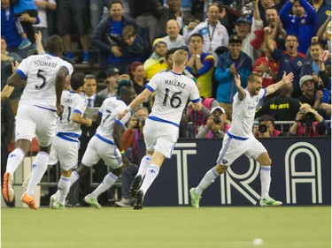 Andres Romero of the Montreal Impact celebrates his first-half goal in the final game of CONCACAF Champions League final between Montreal Impact and Club America .