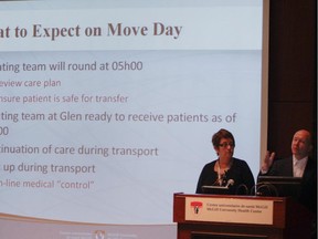 Dr. Jean-Marc Troquet, right, chief of emergency medicine at the adult site, and Patricia Rose, who co-chair the adult patient transfer coordination committee, speak at an MUHC technical briefing at the Royal Victoria Hospital on Tuesday.