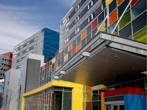 Strong graphic lines and bright colours signify the entrance to The Montreal Children's Hospital at the MUHC Glen Yards Health Centre in Montreal.