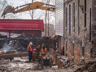 Construction work around an old church at the O'Nessy condo project on Rene-Levesque Blvd. in Montreal April 9, 2015.