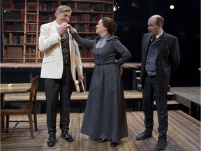 Left to right: Greg Ellwand as Henry Carr, Ellen David as Nadya, and Daniel Lillford as  Lenin, in Tom Stoppard's play Travesties, directed by  Jacob Tierney at the Segal Centre.
