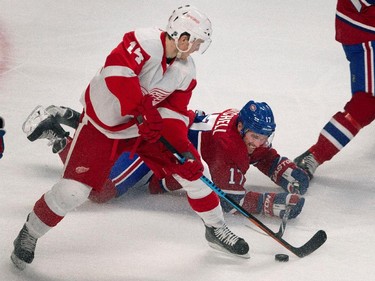 Montreal Canadiens centre Torrey Mitchell grimaces as he hits the ice after being hit by Detroit Red Wings centre Gustav Nyquist during NHL action at the Bell Centre in Montreal on Thursday April 9, 2015.