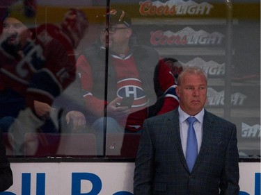 Montreal Canadiens head coach Michel Therrien watches the pre-game skate  at the Bell Centre in Montreal on Thursday April 9, 2015.