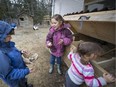 :Free range: On the outskirts of Île-Perrot, 6-year-old Noah Yagoub and his sisters Zahra, 8, and 3-year-old Leila (right), collect eggs produced by their four backyard chickens.
