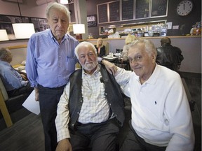Roy Elliott, left, Morty Bercovitch and Bill Morgoce are part of a group of about 15 retirees who work as movie extras and who gather every 3 weeks to chat and share experiences, tips and knowledge working in the industry.