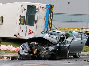 A collision between a car and an STM bus on Aug. 14, 2012 in Dorval left the bus driver and the passenger in the car dead, and the driver of the BMW facing drunk driving charges.