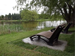 Benches wait for people bringing their picnic to small lake at Jarry park on Thursday June 05, 2014.