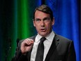 Parti Québécois leadership hopeful Pierre Karl Péladeau speaks during a leadership debate in Sherbrooke in the Eastern Townships area of Quebec on Sunday, March 29, 2015. Five candidates squared off for the second of five debates.