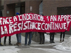 Protesters block an entrance to UQAM during a  protest March 30. Vieux-Montréal students are planning a demo Monday.
