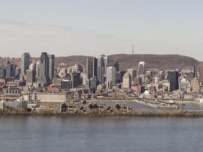 Aerial cityscape view of  Montreal's downtown skyline seen from the South Shore, Friday May 6, 2011.