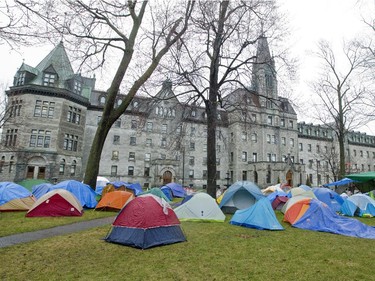 A camp was set up by student anti-austerity protesters at CEGEP St-Laurent in Montreal, April 21, 2015.