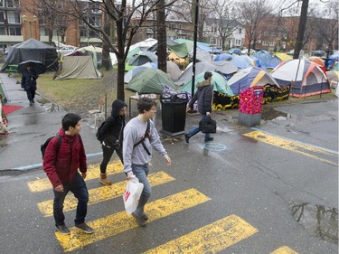 A camp was set up by student anti-austerity protesters at CEGEP St-Laurent in Montreal, April 21, 2015.