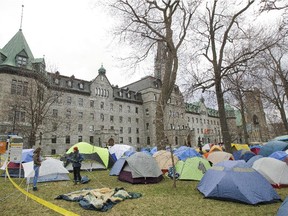 Student protesters continue to camp at CEGEP de St-Laurent on Wednesday, April 22, 2015. They occupied the lawn at the entrance to protest the provincial government's austerity measures.