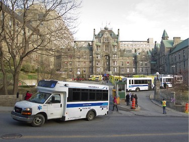 A Medicar leaves the Royal Victoria hospital with the first patients being transferred to the MUHC Glen site, during a move of patients and equipment from the Royal Vic, in Montreal, Sunday April 26, 2015.