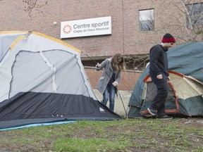 Protesters set up tents on the front lawn of CEGEP du Vieux Montreal,  April 28, 2015.
