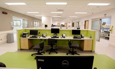 Staff workstations in the emergency ward of the new Royal Victoria Hospital.