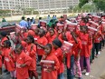 Children under the auspices of  Chibok Girls Ambassadors march to press for the release of 219 schoolgirls abducted by Boko Haram Islamists militants during a demonstration at ministry of education in Abuja, on April 14, 2015.  Nigeria's president-lect Muhammadu Buhari cautioned he could not make promises on the return of 219 schoolgirls kidnapped by Boko Haram, as the country marked the first anniversary of their abduction.