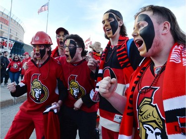 Ottawa Senators fans cheer on their team ahead of game 3 of first round Stanley Cup NHL playoff hockey between the Ottawa Senators and the Montreal Canadiens in Ottawa on Sunday, April 19, 2015.