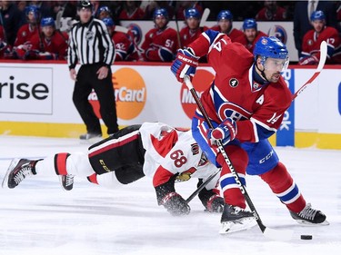 Tomas Plekanec #14 of the Montreal Canadiens takes off on a break-away in front of Mike Hoffman #68 of the Ottawa Senators during Game Five of the Eastern Conference Quarterfinals of the 2015 NHL Stanley Cup Playoffs at the Bell Centre on April 24, 2015 in Montreal, Quebec, Canada.