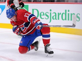 The Canadiens' Torrey Mitchell celebrates after scoring a goal in Game 1 of Eastern Conference quarterfinal series against the Ottawa Senators at the Bell Centre on April 15, 2015.