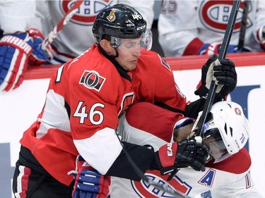 Senators defenceman Patrick Wiercioch cross checks Canadiens defenceman P.K. Subban during the first period of Game 3 in the Eastern Conference quarter-finals on Sunday, April 19.