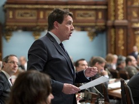 Quebec Opposition MNA Pierre Karl Peladeau speaks during question period, Tuesday, March 31, 2015 at the legislature in Quebec City.