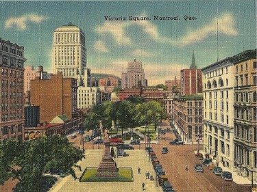 Postcard image of the Montreal's Victoria Square from the early 1900s.
