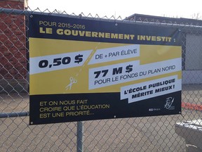 Protest posters put up by members of the FAE teachers' union at Quebec schools April 29, 2015.