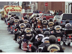 T4 (CP note--Magazines out/TV out)---hells2/ Feb 28/96--CITY--The funeral cortege of Hells Angels Tiny Richard makes its way through the streets of Sorel following funeral service. (Gazette-Pierre Obendrauf)/ A HELLS ANGELS FUNERAL IN SOREL.