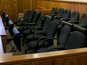 The jury box sits empty at the Bristol County Superior Court in Fall River, Mass., on Wednesday, March 25, 2015.
