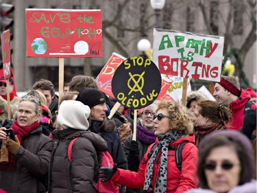 Thousands of people march for a better environment Saturday, April 11, 2015 in Quebec City. People protested as a meeting of Canadian premiers is scheduled on Tuesday in Quebec City.