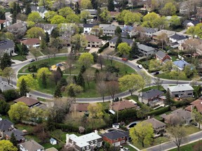 A bird's-eye view of a T.M.R. neighbourhood attests to the town's leafy, winding streets and its abundance of greenery. (Photo courtesy of Town of Mount Royal)