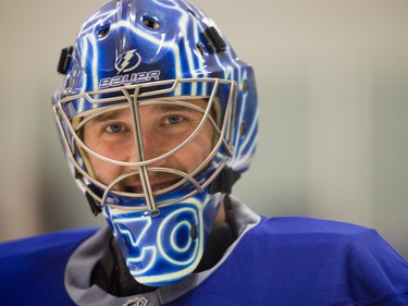 Tampa Bay Lightning goalie Ben Bishop smiles during team practice at the Ice Sports Forum in Tampa, Florida on Monday, May 11, 2015. The Tampa Bay Lightning will face the Montreal Canadiens on Tuesday night for game six of their Eastern Conference semifinal series.