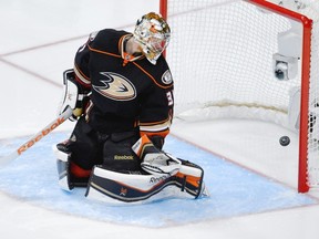 Anaheim Ducks goalie Frederik Andersen watches Chicago Blackhawks left wing Teuvo Teravainen’s goal go in.