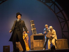 A scene from Le Tour du monde en 80 jours, from left: Benoît Gouin as Fogg, Tania Kontoyanni as his love interest Auoda, Stéphane Breton as Passepartout, Carl Béchard as Inspector Fix.