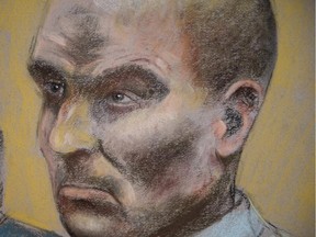 Bertrand Charest, who faces a total of 57 charges involving 12 young females, is seen on a court drawing during a bail hearing on March 16, 2015 in St-Jérôme. Former Alpine Canada ski coach Charest has been denied bail on charges of sexually assaulting young girls.
