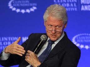 FILE - In this May 6, 2015, photo, former U.S President Bill Clinton speaks during a plenary session at the Clinton Global Initiative Middle East & Africa meeting in Marrakech, Morocco. The charitable foundation run by Hillary Rodham Clinton's family faces an uncertain future if she is elected president, with unresolved questions about who would be authorized to fundraise for the organization and whether new foreign and domestic projects could be started during that period.