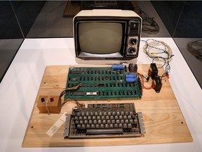 An Apple I computer, built in 1976, is displayed during the First Bytes: Iconic Technology From the Twentieth Century, an online auction featuring vintage tech products at the Computer History Museum on June 24, 2013 in Mountain View, California.